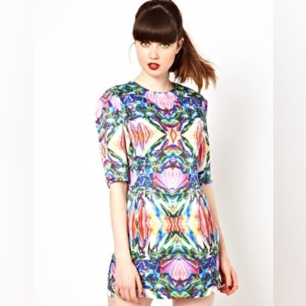 Sister Jane Multicolor Digital Jewel Print Half Sleeve Retro Boho Mini Dress Siz